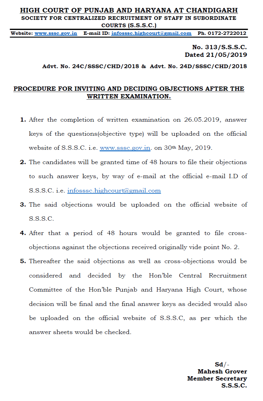 Chandigarh High Court Clerk Answer Key